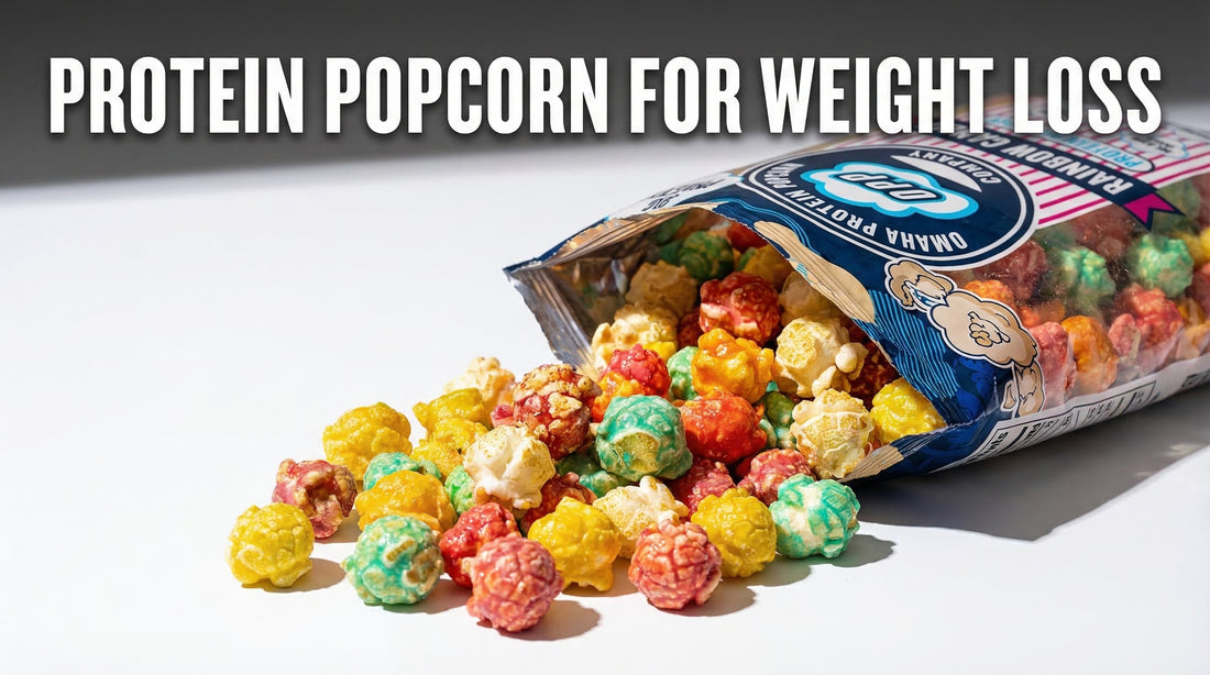 high-protein-popcorn-bag-and-popcorn-spilled-on-white-surface-for-weight-loss-theme