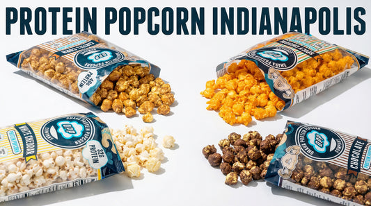 hero image of protein popcorn bags for indianapolis shoppers with puffed popcorn and clean modern layout