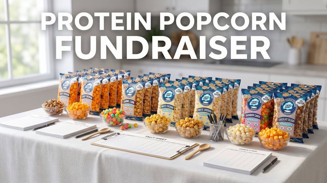 hero-image-of-protein-popcorn-bags-on-fundraiser-table-with-order-forms-and-flavor-samples