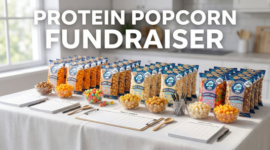 hero-image-of-protein-popcorn-bags-on-fundraiser-table-with-order-forms-and-flavor-samples