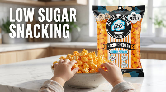kids-reaching-for-low-sugar-omaha-protein-popcorn-on-kitchen-counter