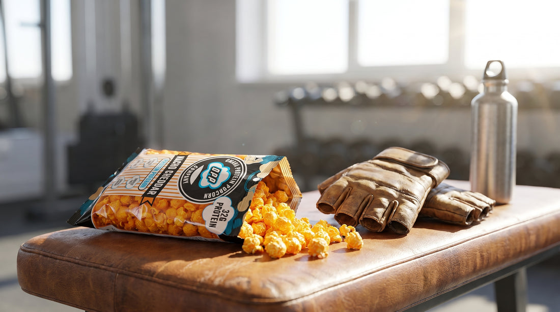 high-protein-popcorn-on-gym-bench-for-athletes
