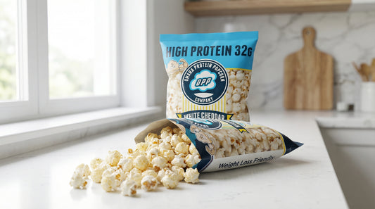 high protein popcorn bag on kitchen counter weight loss friendly scene