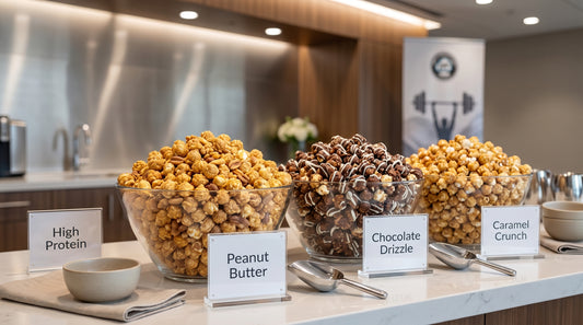 event-snack-table-with-high-protein-popcorn-in-bowls