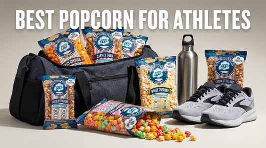 high protein popcorn with gym gear in clean athletic themed setup