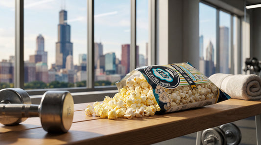 high-protein-popcorn-bag-on-gym-bench-with-chicago-skyline-in-background