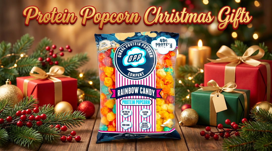 christmas protein popcorn gift display with festive decorations and snack bags