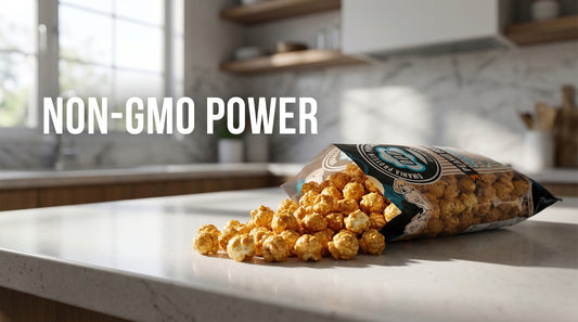 non-gmo-protein-popcorn-bag-on-counter-with-popcorn-spilled-out