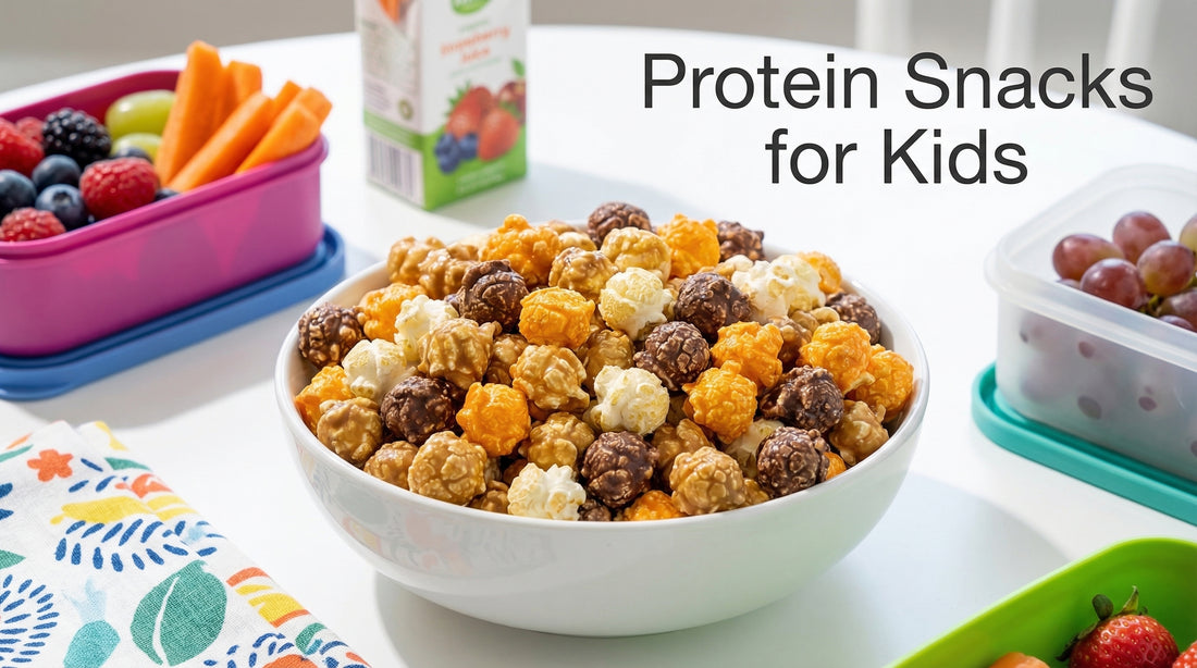 high protein popcorn snack for kids on table with colorful lunchbox items