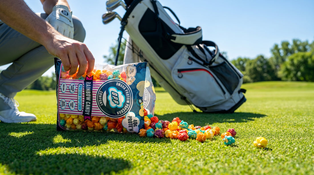 golfer-grabbing-omaha-protein-popcorn-on-fairway-high-protein-snack