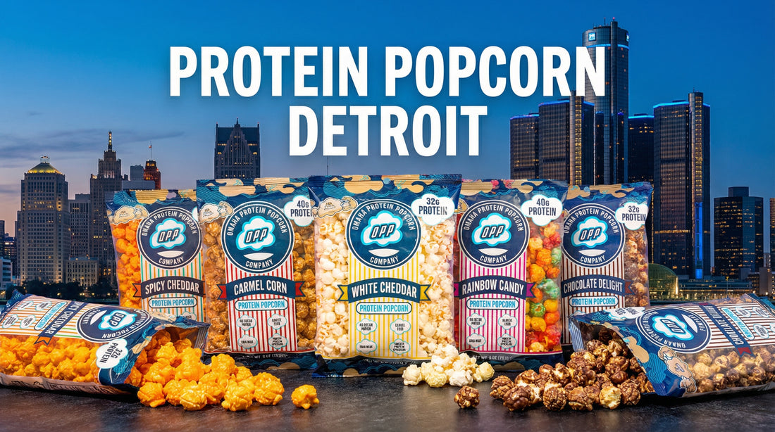detroit skyline with high protein popcorn bags and scattered popcorn pieces