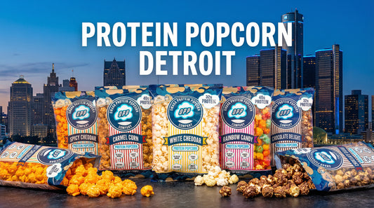 detroit skyline with high protein popcorn bags and scattered popcorn pieces