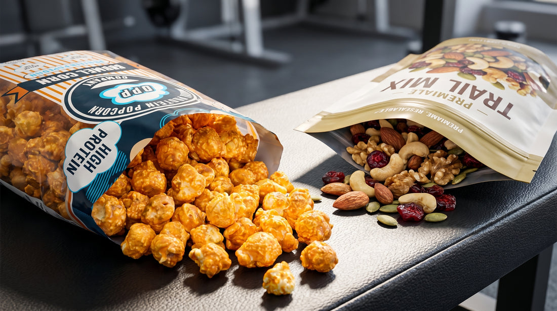 protein-popcorn-and-trail-mix-comparison-on-gym-bench-high-protein-snack-visual