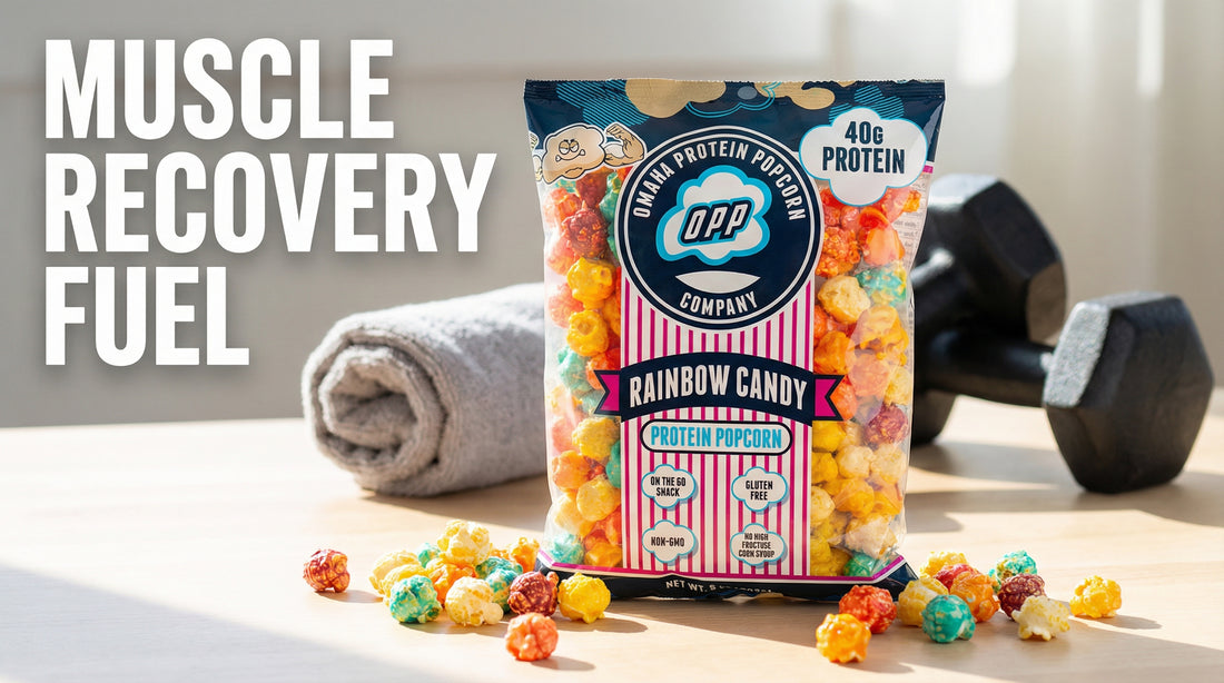hero-image-of-omaha-protein-popcorn-with-gym-gear-for-muscle-recovery