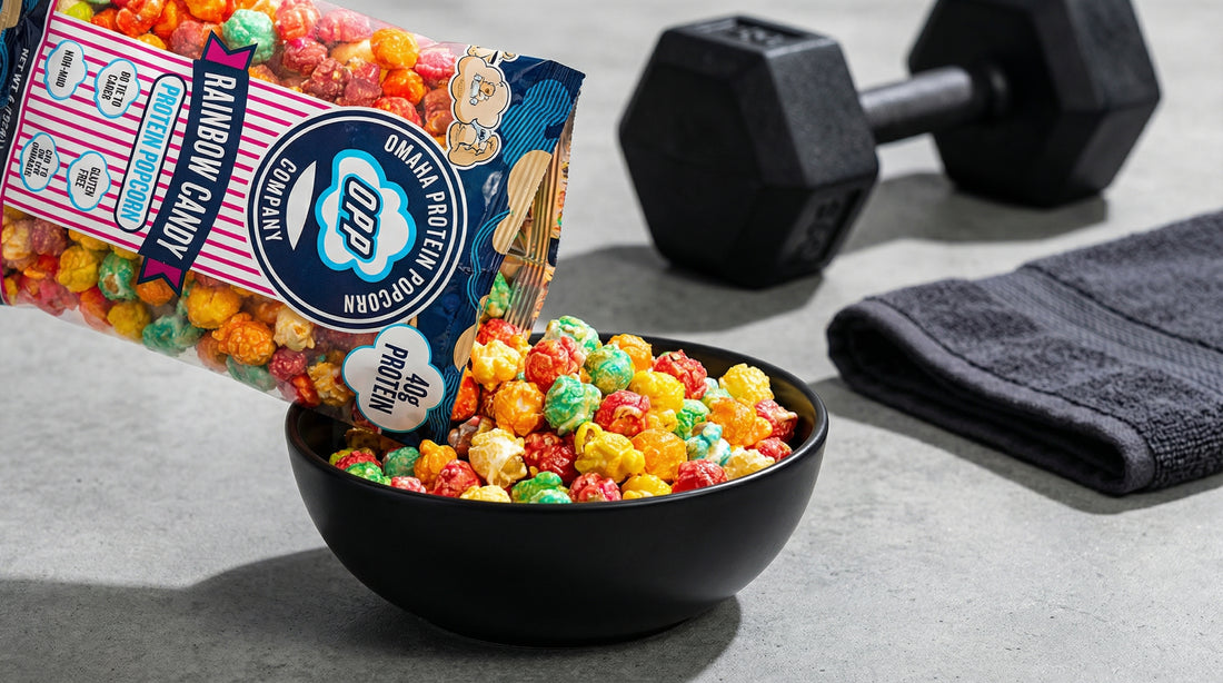 athlete focused high protein popcorn hero image with gym inspired background