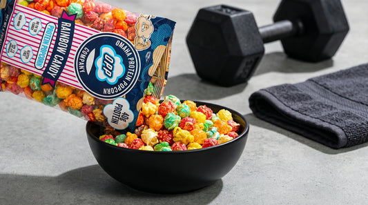 athlete focused high protein popcorn hero image with gym inspired background
