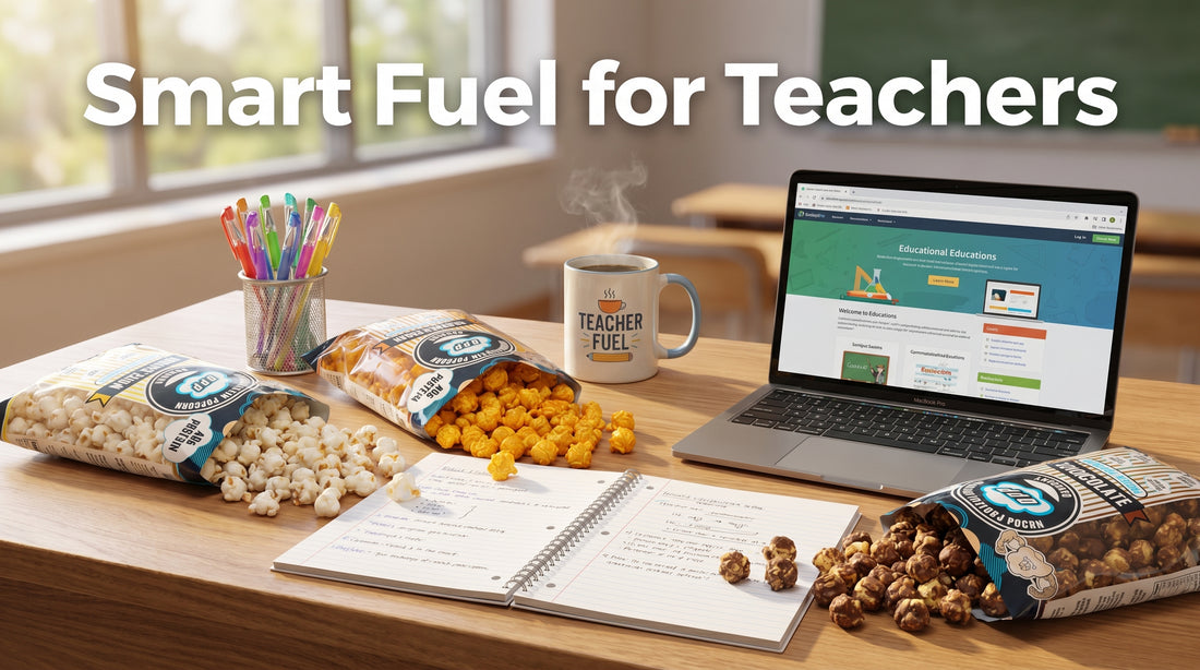 teacher-desk-with-omaha-protein-popcorn-and-school-supplies
